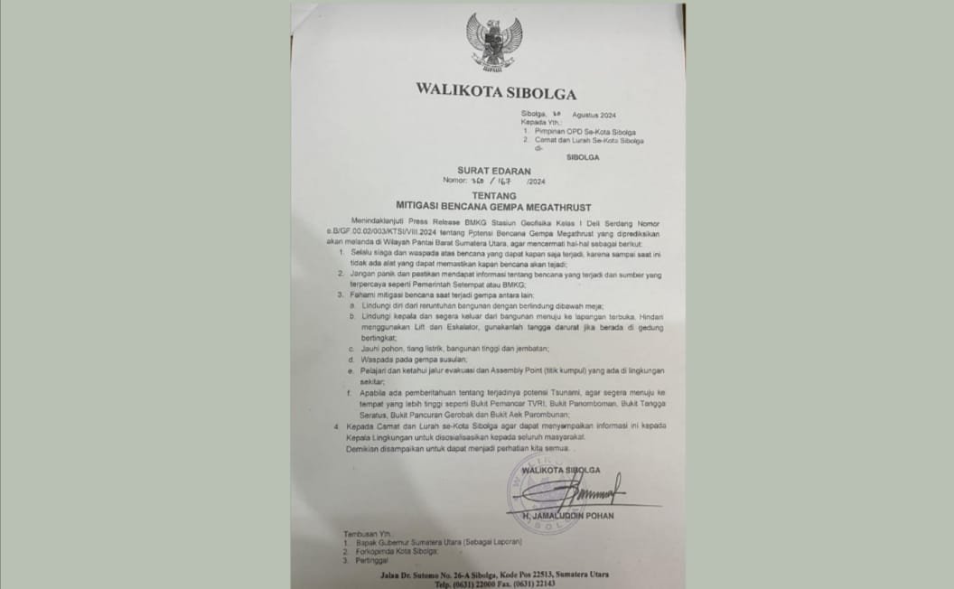 Wali Kota Sibolga Keluarkan Edaran Tentang Gempa Megathrust