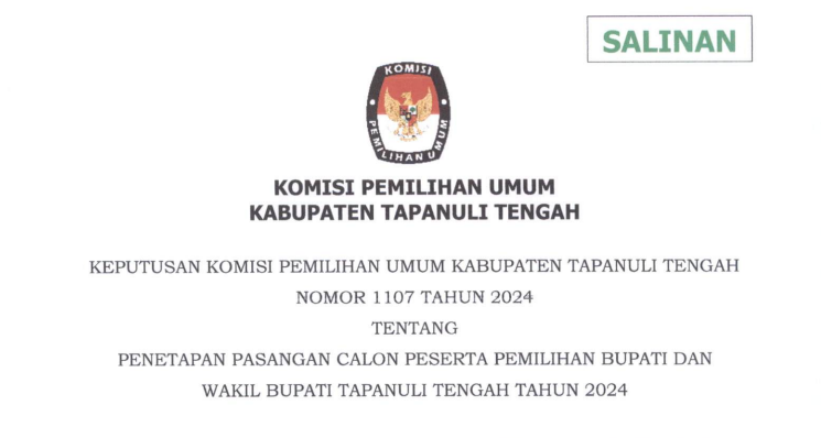 KPU Tapteng Tetapkan 2 Pasangan Calon di Pilkada 2024