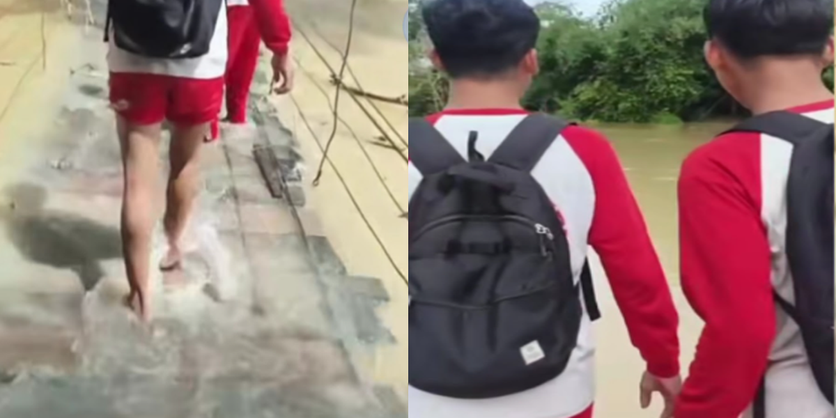 Viral Pelajar Lampung Tengah Terobos Banjir Demi Sekolah, Jembatan Kayu Nyaris Roboh
