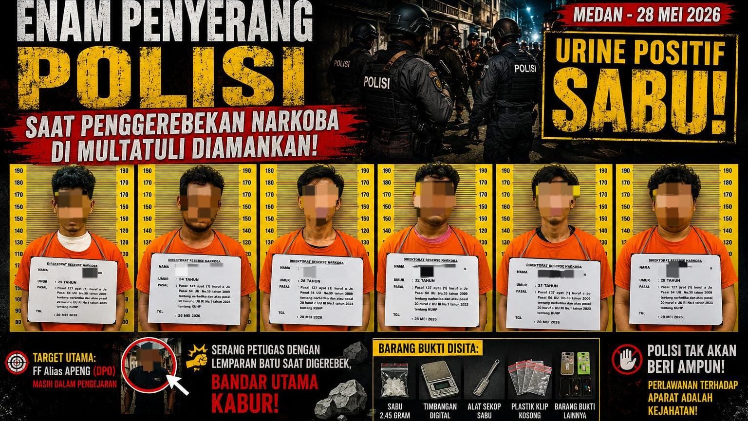 Enam Penyerang Polisi Saat Penggerebekan Narkoba di Multatuli Diamankan, Urine Positif Sabu