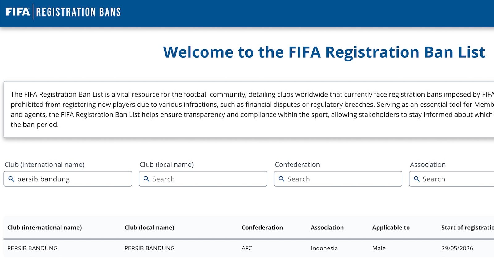 Persib Masuk Daftar FIFA Registration Ban