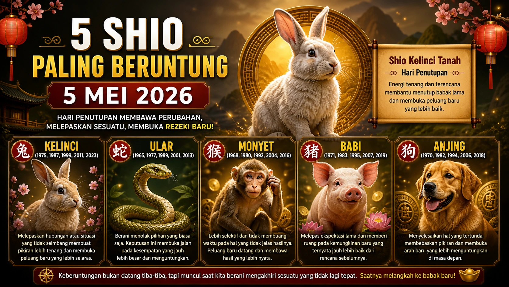 5 Shio Paling Beruntung 5 Mei 2026: Saat Melepaskan Justru Membawa Keberuntungan Besar