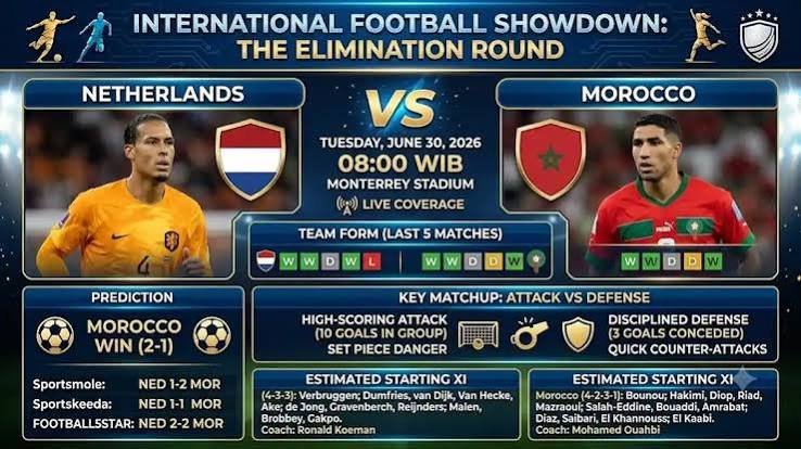Prediksi Skor Belanda vs Maroko di Babak 32 Besar Piala Dunia 2026: De Oranje Lebih Agresif  Siap Libas Singa Atlas