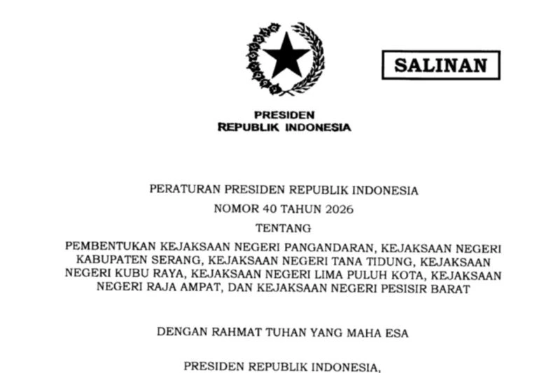 Prabowo Resmikan 7 Kejaksaan Negeri Baru Lewat Perpres Nomor 40 Tahun 2026