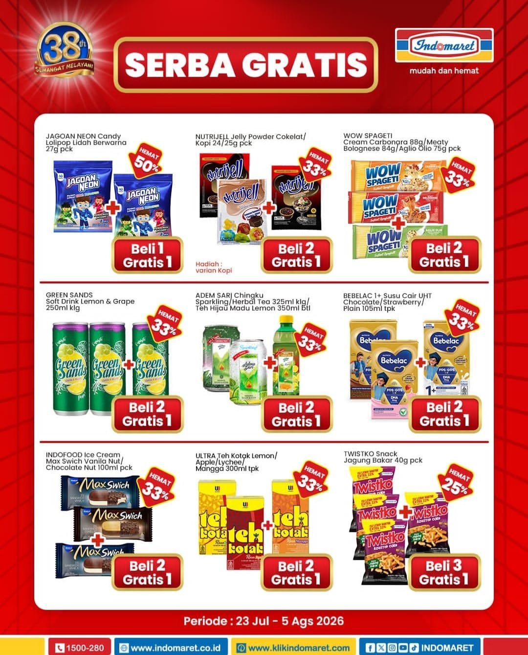 Hore! Promo Serba Gratis Indomaret Sampai 5 Agustus 2026: Beli 1 Gratis 1 sampai Beli 2 Gratis 1