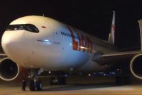 Pesawat Lion Air nomor penerbangan JT-106 mendarat di Bandar Udara Internasional Kualanamu Deli Serdang, Sumatera Utara, Senin (11/3/2024). Foto: Antara/ HO-Istimewa