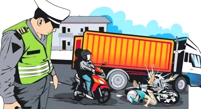 Ilustrasi kecelakaan lalu lintas antara truk dan pengendara sepeda motor. 
