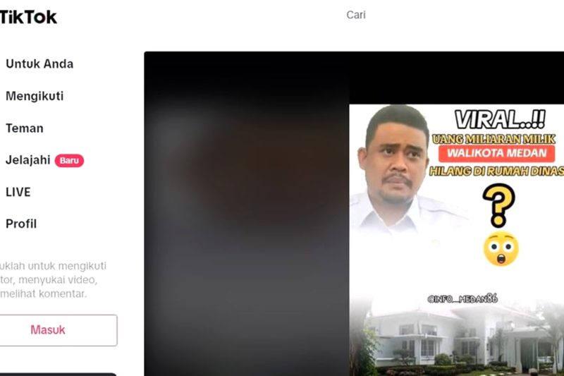 Unggahan di media sosial TikTok bernarasi Bobby Nasution kehilangan uang miliaran di rumah Dinas. Foto: Tangkapan Layar
