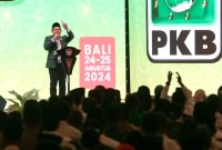 Ketua Umum PKB Muhaimin Iskandar saat memberikan pemaparan dalam Muktamar VI PKB di Bali Nusa Dua Convention Center, Kabupaten Badung, Bali, Minggu (25/8/2024). Foto: Antara/HO-PKB