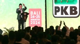 Ketua Umum PKB Muhaimin Iskandar saat memberikan pemaparan dalam Muktamar VI PKB di Bali Nusa Dua Convention Center, Kabupaten Badung, Bali, Minggu (25/8/2024). Foto: Antara/HO-PKB