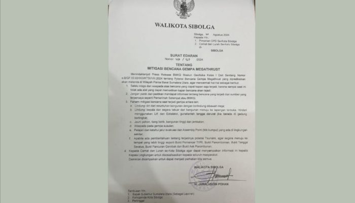 Wali Kota Sibolga Keluarkan Edaran Tentang Gempa Megathrust