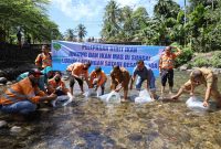PT Agincourt Resources (PTAR) melepas bibit ikan di Sungai Garoga, Batang Toru, Tapanuli Selatan, Sumatra Utara. Sejak tahun 2022 hingga kini PTAR konsisten mengembangkan lubuk larangan di Batang Toru. Foto: Dok PTAR