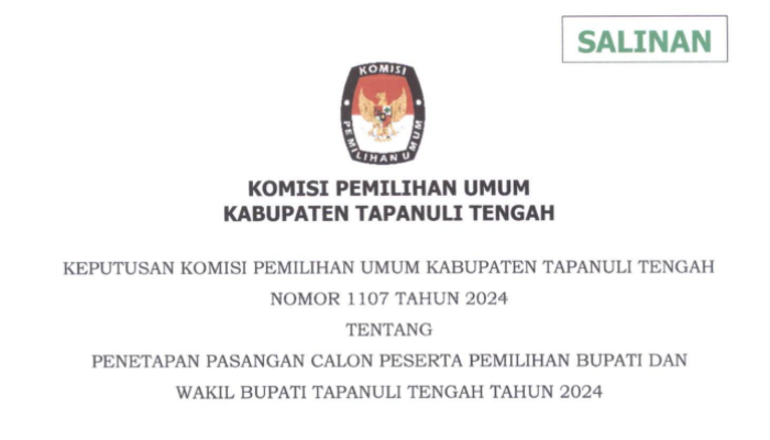 KPU Tapteng Tetapkan 2 Pasangan Calon di Pilkada 2024
