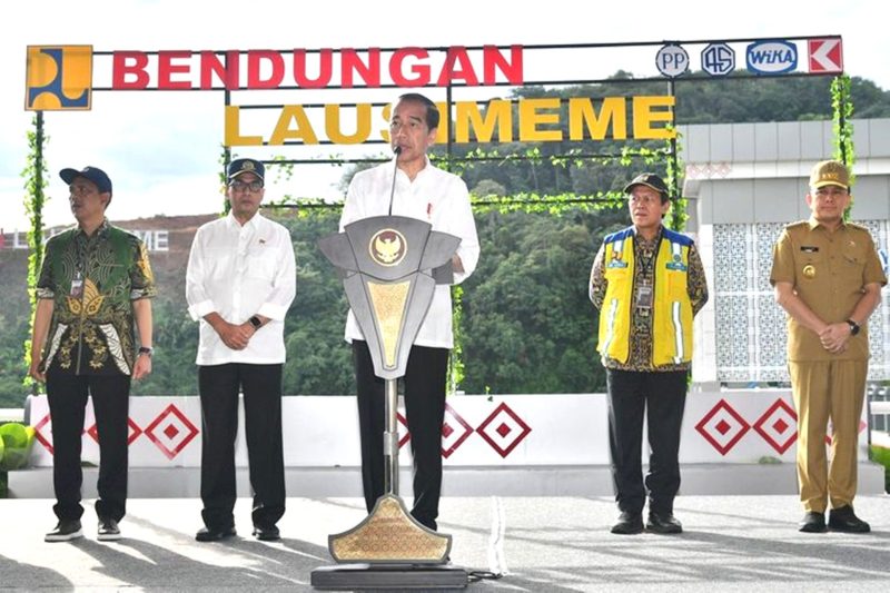 Presiden RI Joko Widodo atau Jokowi saat berpidato dalam peresmian bendungan Lau Simeme di Kabupaten Deli Serdang, Sumatera Utara. Foto: Istimewa