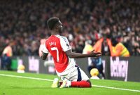 Pemain Arsenal Bukayo Saka berselebrasi setelah mencetak gol ke gawang Nottingham Forest pada pertandingan pekan ke-12 Liga Inggris di Stadion Emirates, London, Sabtu (23/11/202). Antara/@Arsenal 