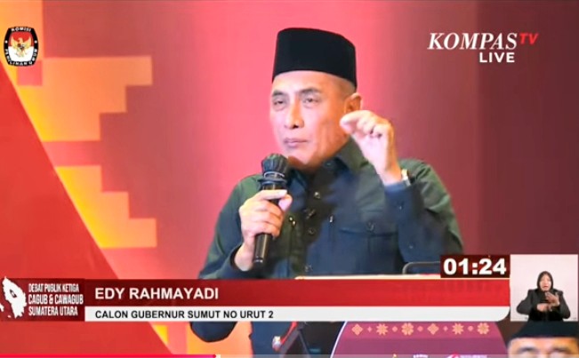 Calon Gubernur Sumut nomor 1, Edy Rahmayadi saat debat ketiga Pilgub Sumut, Rabu (13/11) malam. Foto: tangkapan layar siaran langsung