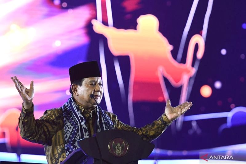 Presiden RI Prabowo Subianto menyampaikan pidato pada acara Puncak Perayaan Natal Nasional 2024 di Indonesia Arena, Kawasan Gelora Bung Karno, Jakarta, Sabtu (28/12/2024). Foto: Antara/HO-Biro Pers Sekretariat Presiden