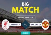 Laga big match antara Liverpool vs Manchester United akan tersaji Minggu (5/1) malam pukul 23.00 WIB. Grafik: topikseru.com