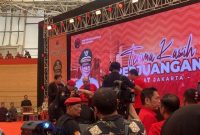 Brando Susanto meninggal dunia saat memberikan sambutan dalam acara Halal Bihalal DPD PDIP DKI Jakarta di Jakarta International Velodrome, Jakarta Timur, Minggu (27/4/2025). 
