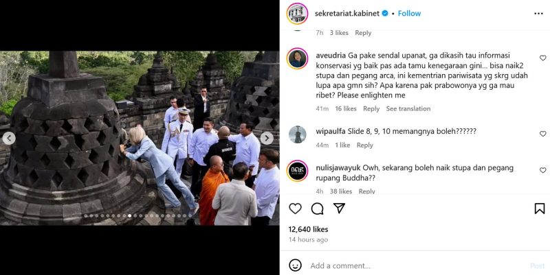 Momen Brigitte Macron menuai sorotan publik saat dipersilakan untuk menyentuh arca Buddha yang berada di dalam salah satu stupa. Foto: Tangkapan layar unggahan Instagram @sekretariat.kabinet