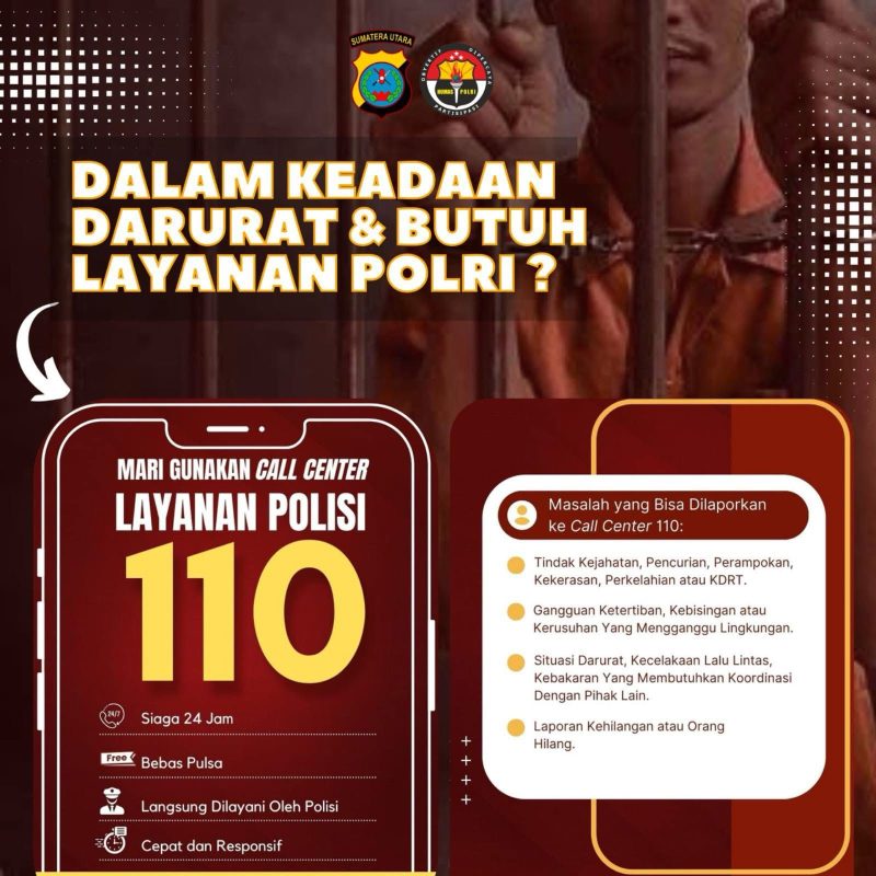 Polda Sumut mengimbau masyarakat menggunakan layanan polisi atau Call Center 110. Foto: Humas Polda Sumut