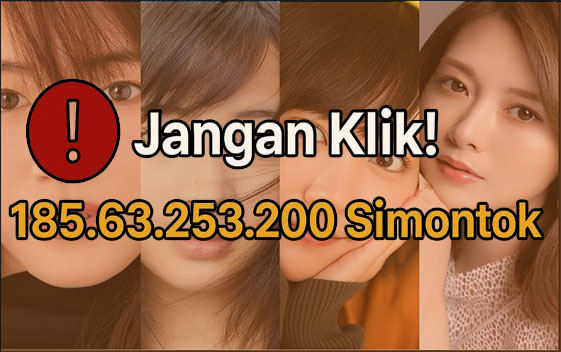 Gambar peringatan dengan teks besar “Jangan Klik! 185.63.253.200 Simontok” ditampilkan sebagai simbol bahaya. Ilustrasi ini dibuat untuk mengedukasi pengguna internet mengenai risiko mengakses situs dewasa ilegal yang bisa menyebarkan malware, mencuri data pribadi, serta melanggar hukum