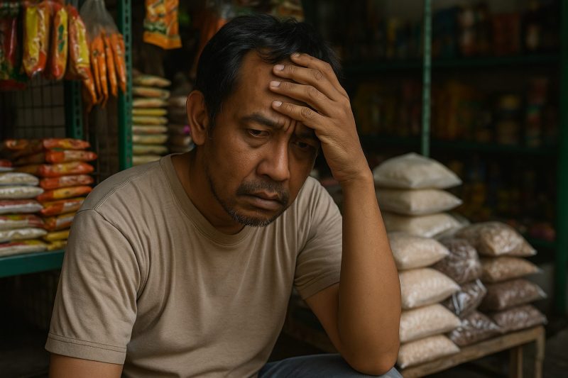 
Seorang pedagang kecil Indonesia duduk di depan toko kelontongnya dengan ekspresi wajah cemas dan lusuh karena terlilit kredit macet. Gambar ini menggambarkan realitas banyak pelaku UMKM yang terdampak inflasi dan tengah mencari solusi melalui bank yang menerima kredit macet 2025.