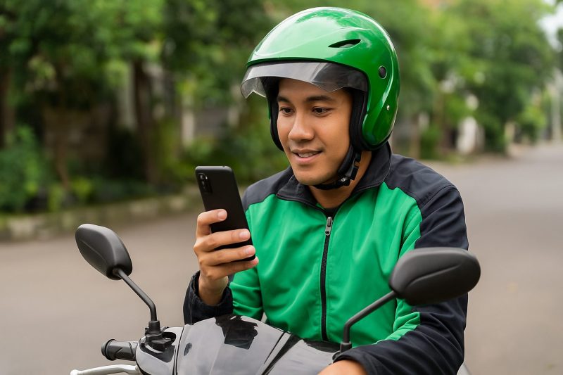 Seorang driver ojek online sedang fokus melihat layar HP terbaik untuk driver ojek online, memantau aplikasi pemesanan dan navigasi saat bekerja di jalanan perkotaan.