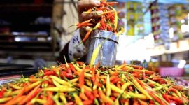 Pedagang menimbang cabai rawit di Pasar Liluwo, Kota Gorontalo, Gorontalo, Rabu (8/1/2024). Foto: Antara