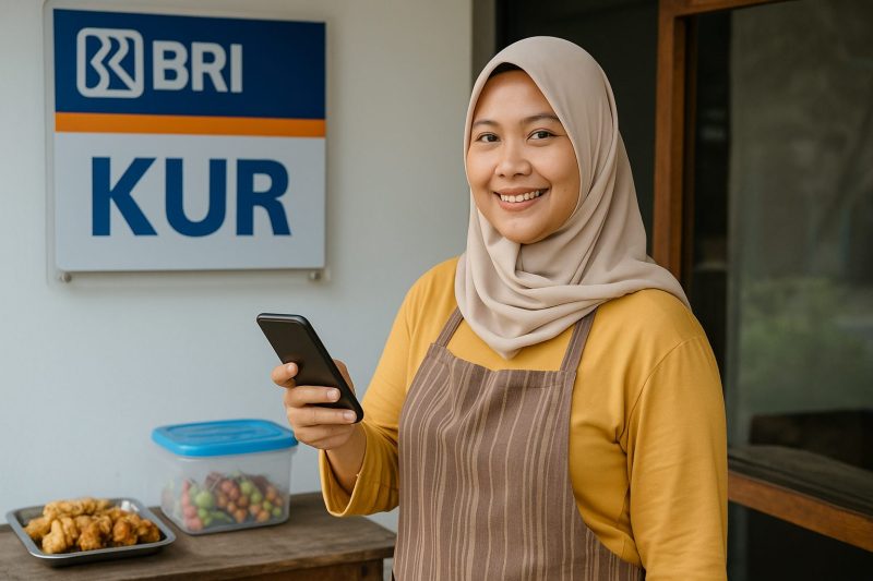 Seorang pelaku UMKM tersenyum sambil memegang smartphone di depan papan bertuliskan KUR BRI. Program KUR BRI 2025 terus mendukung pengusaha kecil dan menengah dengan pembiayaan mudah dan bunga rendah, mendorong pertumbuhan ekonomi masyarakat.