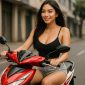Seorang Wanita mengendarai motor matic merah-putih di jalan kota. Tampak stylish dan percaya diri, merepresentasikan Motor Paling Irit di Tahun 2025.