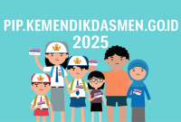 Ilustrasi siswa SD, SMP, dan SMA bersama keluarga memegang Kartu Indonesia Pintar (KIP) untuk Program Indonesia Pintar atau PIP 2025, dengan latar edukatif dan tulisan 