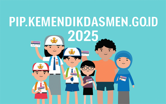 Ilustrasi siswa SD, SMP, dan SMA bersama keluarga memegang Kartu Indonesia Pintar (KIP) untuk Program Indonesia Pintar atau PIP 2025, dengan latar edukatif dan tulisan 