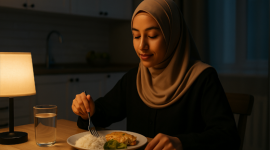 Seorang wanita Muslimah sedang menikmati sahur dengan khusyuk di dapur rumah menjelang Puasa Ayyamul Bidh Agustus 2025, menggambarkan suasana spiritual dan ketenangan jelang ibadah sunnah tiga hari pertengahan bulan Hijriah.
