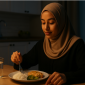 Seorang wanita Muslimah sedang menikmati sahur dengan khusyuk di dapur rumah menjelang Puasa Ayyamul Bidh Agustus 2025, menggambarkan suasana spiritual dan ketenangan jelang ibadah sunnah tiga hari pertengahan bulan Hijriah.
