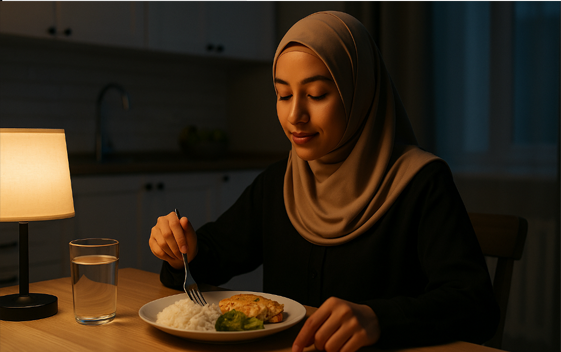 Seorang wanita Muslimah sedang menikmati sahur dengan khusyuk di dapur rumah menjelang Puasa Ayyamul Bidh Agustus 2025, menggambarkan suasana spiritual dan ketenangan jelang ibadah sunnah tiga hari pertengahan bulan Hijriah.
