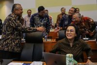 Menteri Keuangan (Menkeu) Sri Mulyani Indrawati (kanan) bersama Gubernur Bank Indonesia (BI) Perry Warjiyo (kiri) mengikuti Rapat Kerja bersama Banggar DPR RI, di Kompleks Parlemen, Senayan, Jakarta, Kamis (3/7/2025).
