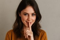 Potret close-up seorang wanita yang menunjukkan ekspresi menggoda dengan jari telunjuk di depan bibirnya, seolah memberi isyarat rahasia. Gestur ini menggambarkan salah satu tanda wanita mau selingkuh, yaitu menggunakan bahasa tubuh yang flirty untuk menarik perhatian pria lain secara halus namun bermakna. Gambar ini cocok digunakan sebagai ilustrasi artikel tentang sinyal atau kode wanita dalam situasi hubungan emosional yang rumit.