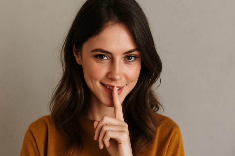 Potret close-up seorang wanita yang menunjukkan ekspresi menggoda dengan jari telunjuk di depan bibirnya, seolah memberi isyarat rahasia. Gestur ini menggambarkan salah satu tanda wanita mau selingkuh, yaitu menggunakan bahasa tubuh yang flirty untuk menarik perhatian pria lain secara halus namun bermakna. Gambar ini cocok digunakan sebagai ilustrasi artikel tentang sinyal atau kode wanita dalam situasi hubungan emosional yang rumit.