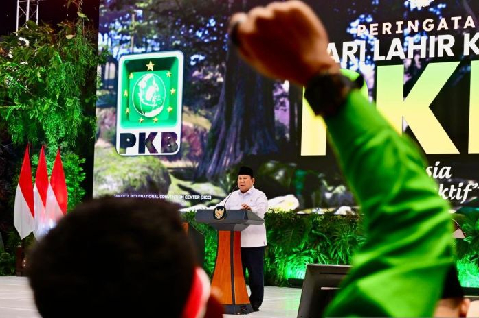 Presiden Prabowo Subianto berpidato dalam acara puncak peringatan Hari Lahir (Harlah) Ke27 PKB di Jakarta, Rabu (23/7/2025).