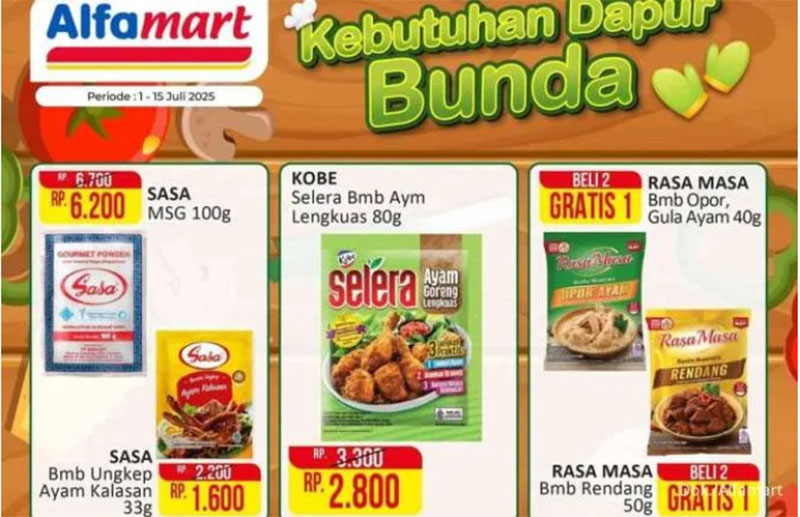 Promo Alfamart Periode 1-15 Juli 2025 Belanja Kebutuhan Dapur dengan Lebih Untung Plus Harga Ekonomis bagi ibu-ibu yang akan memenuhi kebutuhan rumah tangganya hari ini.