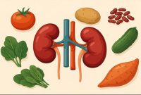 Ilustrasi berbagai sayuran yang sebaiknya dihindari oleh penderita penyakit ginjal, seperti bayam, tomat, dan bit, karena kandungan oksalat dan kalium yang tinggi.
