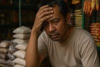 Seorang pedagang kelontong tampak murung di depan toko sembako miliknya, mencerminkan dampak nyata dari hantu kredit macet yang menghantui pelaku usaha kecil di Indonesia. Banyak UMKM terjebak dalam lilitan utang karena penurunan daya beli dan tekanan ekonomi pasca pandemi.