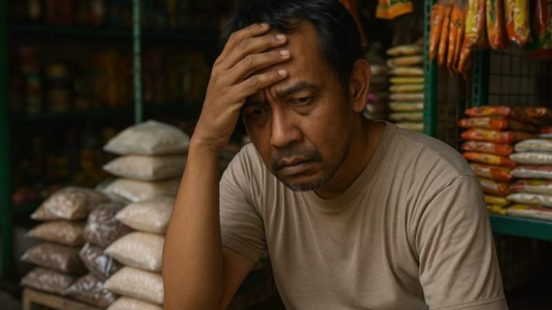 Seorang pedagang kelontong tampak murung di depan toko sembako miliknya, mencerminkan dampak nyata dari hantu kredit macet yang menghantui pelaku usaha kecil di Indonesia. Banyak UMKM terjebak dalam lilitan utang karena penurunan daya beli dan tekanan ekonomi pasca pandemi.
