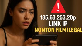 Seorang wanita terlihat kaget saat layar ponselnya menampilkan peringatan bahaya link nonton film ilegal 185.63.253.20p. Tautan ini dikenal berisiko tinggi menyebarkan malware, mencuri data pribadi, dan memicu serangan siber berbahaya. Tetap waspada dan hindari mengakses situs streaming ilegal demi keamanan perangkat dan privasi Anda.