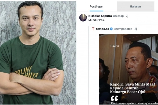 Nicholas Saputra mengunggah cuitan di X yang berisi mendesak Kapolri Jenderal Listyo Sigit Prabowo mundur, sebagai pertanggungjawaban atas meninggalnya driver ojol Affan Kurniawan.