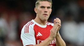 Viktor Gyokeres mencetak gol saat Arsenal menang 3-0 kala menjamu Athletic Bilbao dalam laga uji coba Emirates Cup di Stadion Emirates pada Sabtu (9/8/2025) malam WIB.(AFP/GLYN KIRK)