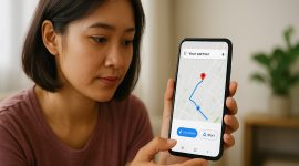 ilstrasi seorang wanita sedang Melacak Nomor HP lewat Google Maps
