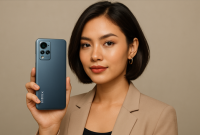 Seorang wanita sedang memegang HP Infinix RAM 8 GB Terbaru 2025, menampilkan desain elegan dan profesional, cocok untuk generasi muda yang mencari smartphone stylish dan bertenaga