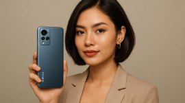 Seorang wanita sedang memegang HP Infinix RAM 8 GB Terbaru 2025, menampilkan desain elegan dan profesional, cocok untuk generasi muda yang mencari smartphone stylish dan bertenaga